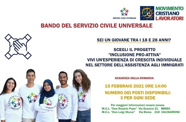 SCEGLI M.C.L. PER IL SERVIZIO CIVILE UNIVERSALE E VIENI DA NOI A MINEO E CALTAGIRONE